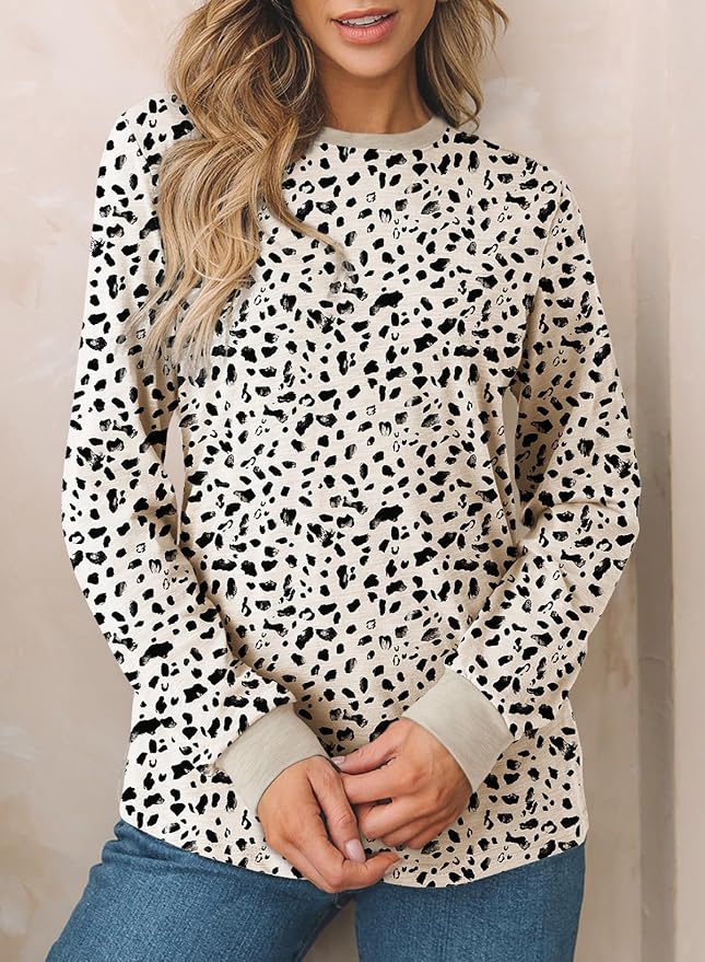 EVALESS Womens Crewneck Long Sleeve Tops Casual Polka Dots Tops Fall 2026 Tshirts Shirts