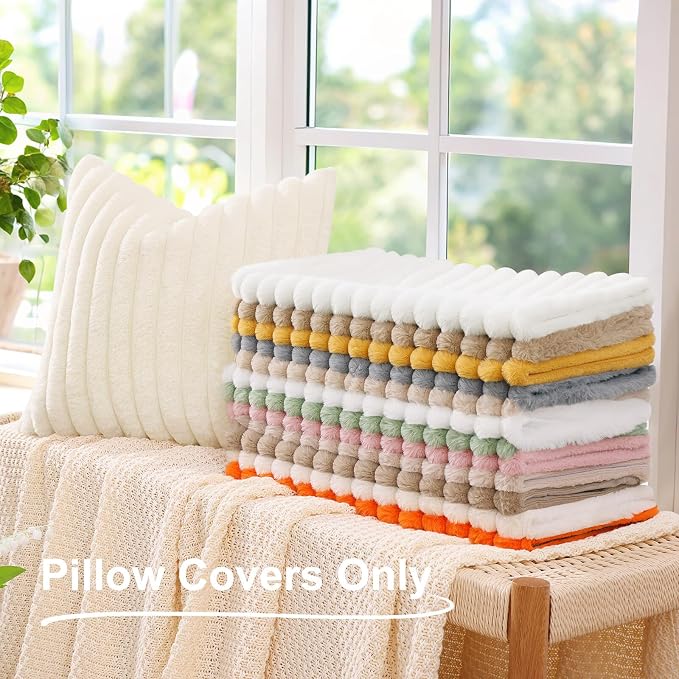decorUhome Fall Faux Fur Throw Pillow Covers 22x22 Set of 2 Christmas Green | Decorative Soft Cozy Striped Plush Modern Farmhouse Boho Couch Pillow Cases Velvet Back for Sofa Bed Living Room Home Decor