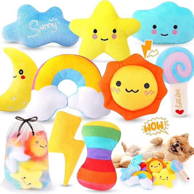 KIPRITII Whimsical Squeaky Dog Toys for Small Dogs & Puppies – Plush Toys Pack with Storage Bag, 9 Pcs Stuffed Puppy Chew Toys with Squeakers to Relieve Boredom
