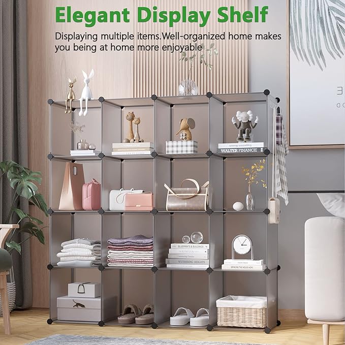 C&AHOME 16-Cube Storage Organizer, Plastic Shelves Units, DIY Closet Organizer, Modular Shelves Ideal for Home, Bedroom, 48.4" L 12.4" W 48.4" H Grey UPCS16G