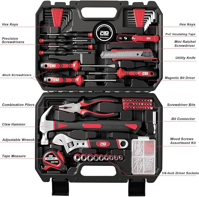 Prostormer 160-Piece Home Repair Tool Set, General Household Hand Tool Kit with Toolbox Storage Case for House, Garage, College Dorm and Office (Red)