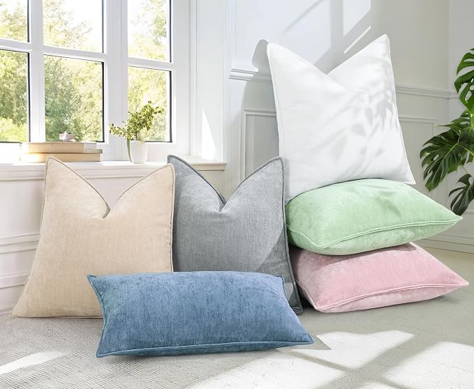decorUhome Chenille Blue Grey Velvet Throw Pillow Covers 16x16 Set of 2 | Fall Soft Couch Decorative Modern Farmhouse Pillow Cases with Elegant Design for Sofa Bed Living Room Home Decor