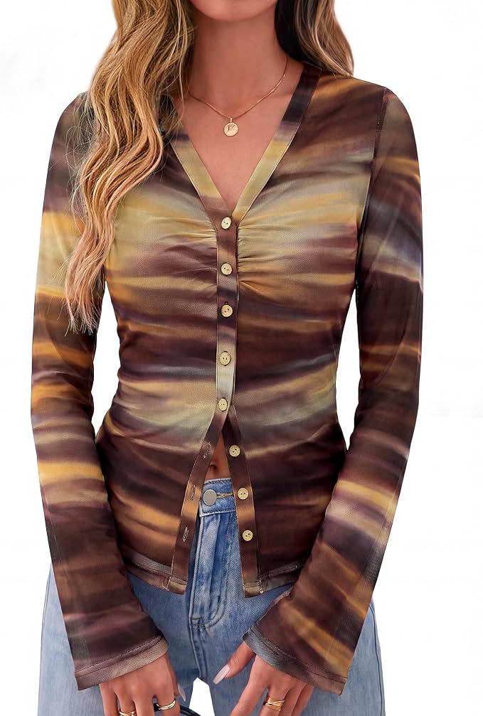 BTFBM Button Down Shirts for Women 2026 Fall Boho Tops V Neck Long Sleeve Blouses Ruched Mesh Fitted Fashion Clothing