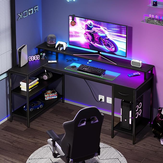 DUMOS 53 Inch Gaming Desk, L Shaped Desk, LED Lights | Monitor Stand, Storage Shelves, Computer Table, USB Charging Ports, Power Outlets, Small Spaces, Black