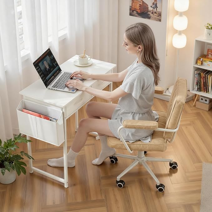 OLIXIS 32 Inch Gaming Desk, Computer Desk, Fabric Drawers | Side Bag Headphone Hook, Home Office Work Table, Writing Study Bedroom, Small Space, White