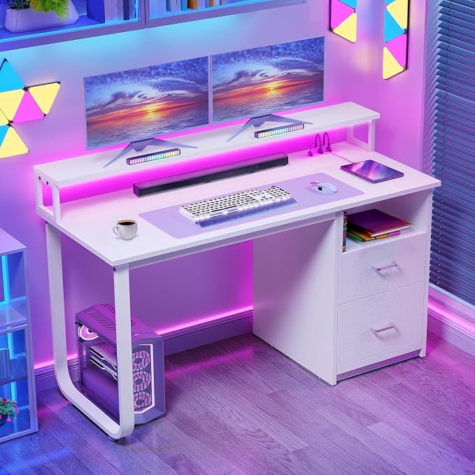DWVO Office Desk with Drawers, 47" Computer Desk with Power Outlets & LED Light, Home Office Desk with Storage & Monitor Stand, White | Built-In Power Outlets, Led Light, Monitor Stand, Storage Space, For Home Office Study, Easy Assembly