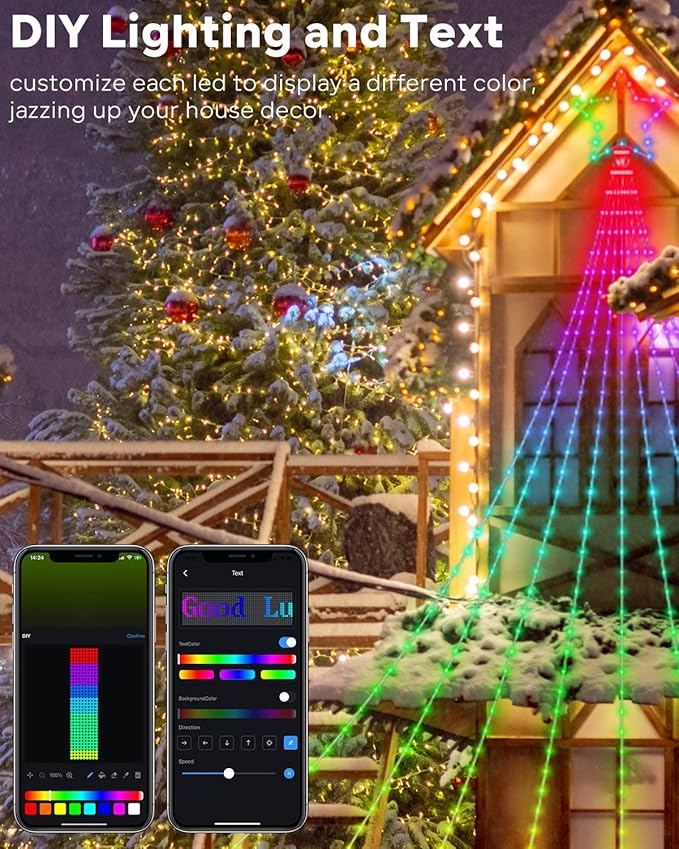 Outdoor Christmas Decorations Lights with Star, Smart DIY Custom Display 11.8Ft 100 Modes Yard Waterfall Tree String Lights, App Control 344LED RGB Color Changing Music Timer for Xmas Tree Lawn Decor