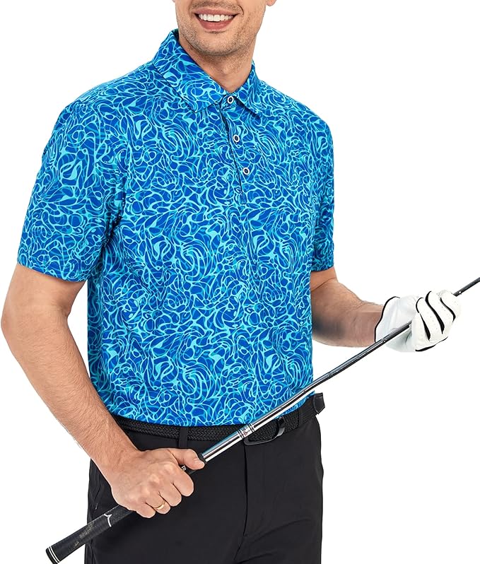 Esabel.C Golf Shirts for Men Dry Fit Performance Short Sleeve Print Moisture Wicking Collared Shirt
