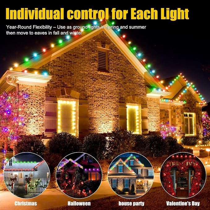 150 FT 2-in-1 Eaves & Ground Stakes LED String Lights, Outdoor RGB Light with App & Remote Control for House, Garden, and Landscape, Waterproof Smart Color-Changing Lighting for Holiday Everyday Decor