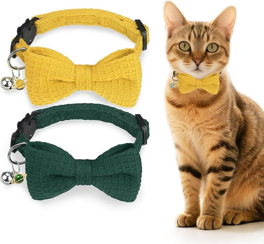 Cat Collar Breakaway with Bells, Soft Cotton Green Cat Bowtie Collar for Girl Boy Cats, Small Cats Collar with Bow for Spring Summer,2 Pack Cute Kitten Collars with Removable Bowtie 8-12Inch