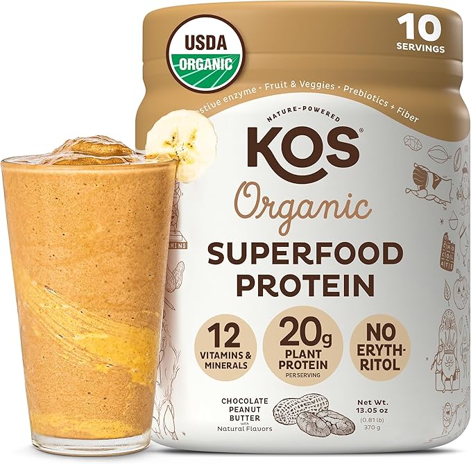 KOS Vegan Protein Powder, Chocolate Peanut Butter - Low Carb Pea Protein Blend, USDA Organic Superfood with Vitamins & Minerals - Keto, Soy, Dairy Free - Meal Replacement for Women & Men - 10 Servings