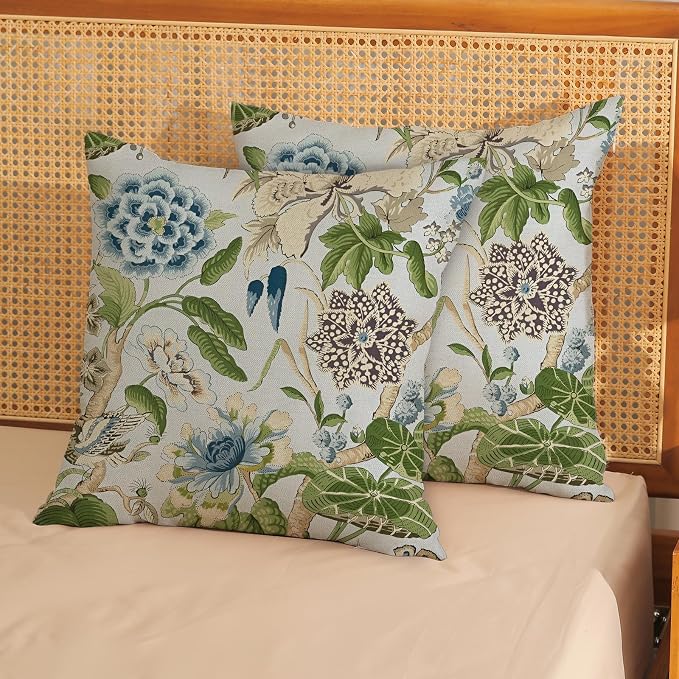 Baby Blue Green Pillow Covers 18x18 Inch Set of 2 Vintage Blue Floral Throw Pillows Chinoiserie Flower Decorative Pillow Case Outdoor Linen Farmhouse Cushion Cover for Couch Sofa Decorations