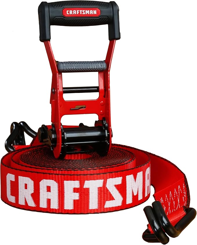 CRAFTSMAN CMXAZBS10000J Black/Red 2" x 27' Ratchet Tie Down Strap with Double J Hook - Heavyweight/Industrial Duty (10,000 lb Break Strength)