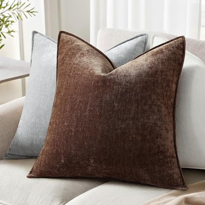 decorUhome Chenille Dark Brown Velvet Throw Pillow Covers 18x18 Set of 2 | Fall Soft Couch Decorative Modern Farmhouse Pillow Cases with Elegant Design for Sofa Bed Living Room Home Decor