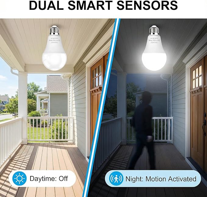 Motion Sensor Light Bulbs, 12W (100Watt Equivalent), Motion Activated Dusk to Dawn Security LED Bulb, 3000K Soft White for Outdoor & Indoor,Porch, Stairs, Hallway, 4-Pack