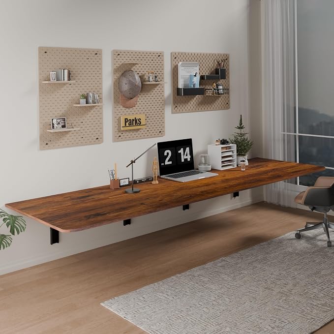 IAE 72x22in Floating Fold Desk,Wall-Mounted Folding Computer Table,Rustic | Study Table with Shelf Brackets,Foldable Down Shelf with Engineered Wood,Fold Computer Desk for Small Apartment,Holds 519 lb