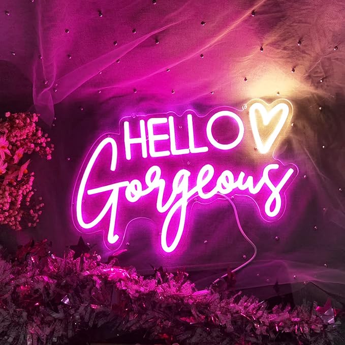 Hello Gorgeous Neon Sign Pink USB LED Neon Lights for Home Wedding Birthday Backdrop Bacelorette Party Decor Room with Dimmable Switch(5V,16.5X10.6inches)