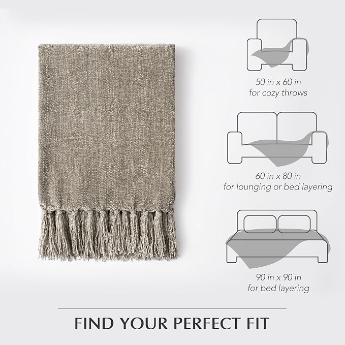 Chenille Knit Throw Blanket for Couch, 60"x80", Taupe | Cozy Plush Fuzzy Knittd Throw with Tassels, Lightweight, Decorative, Farmhouse Decor, Ideal for Bed Sofa Gift, All Seasons
