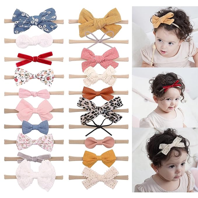 doboi 20PCS Baby Girls Hair Bows Headbands Soft Nylon Hairbands Elastic Hair Accessories for Newborns Infants Toddlers and Kids