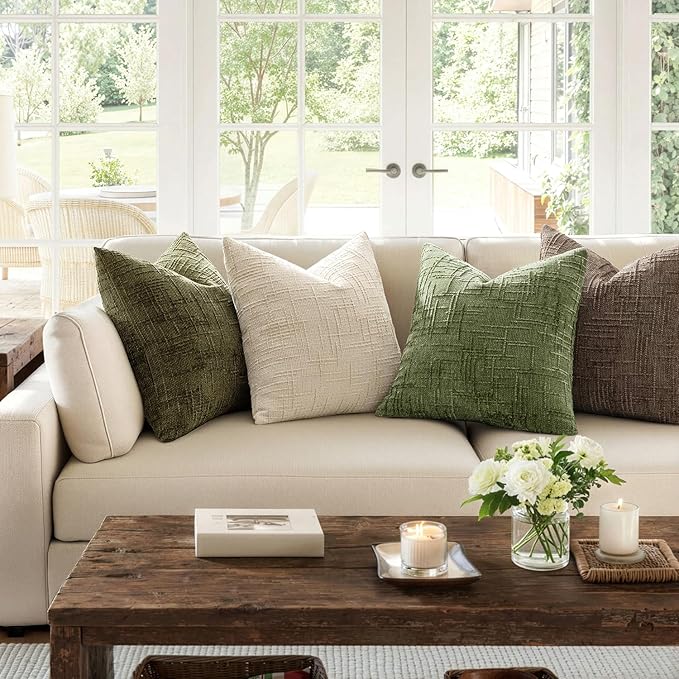 MIULEE Chenille Textured Throw Pillow Covers Sage Green 20x20 Set of 2 | Slubby Decorative Pillows, Boho Farmhouse Home Decor, Modern Neutral Cushion Covers for Couch Sofa Bed Living Room