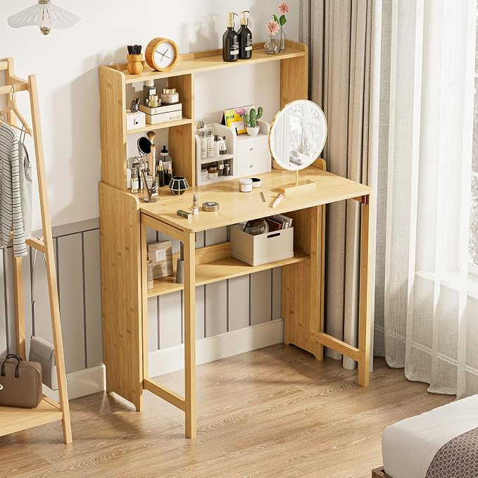 Folding Desk with Bookshelf, Compact Foldable Desk for Small Spaces,Natural | Bamboo Computer Desk with Storage Shelf, Space-Saving Home Office Desk with Hutch for Bedroom, Dorm, Apartment