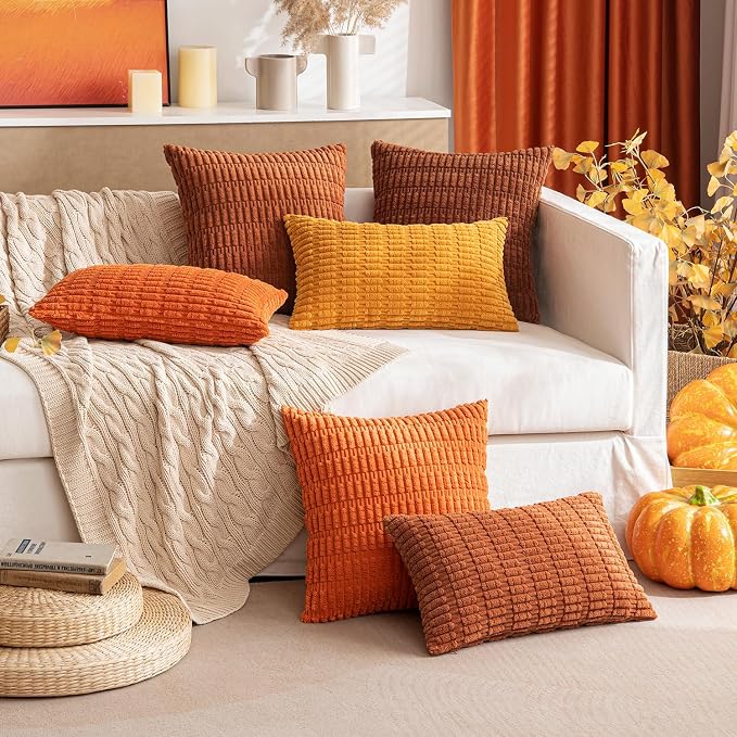 MIULEE Fall Pack of 2 Dark Rust Corduroy Decorative Lumbar Pillow Covers 20x12 Inch Soft Boho Striped Throw Pillow Covers Modern Farmhouse Home Decor for Sofa Living Room Couch Bed