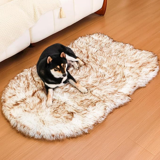 50 Inch Faux Fur Dog Bed for Large/Medium Dogs Orthopedic Beds with Fluffy Faux Fur & Soft Memory Foam for Joint Pain Relief, Machine Washable and Waterproof Dog Couch Beds White with Brown