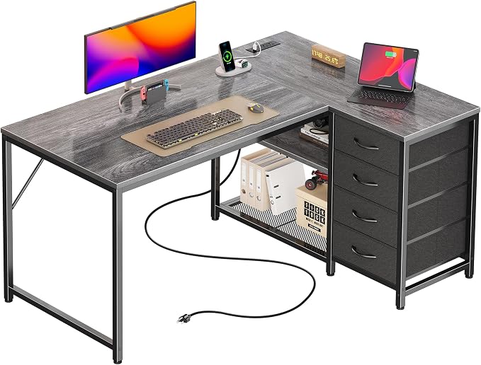 PRAISUN 43.3" Small Computer Desk with Power Outlets & USB-C Port, Reversible L Shaped Corner Office Desk with 4 Fabric Drawers and 2 Adjustable Storage Shelves, for Gaming Writing, Grey