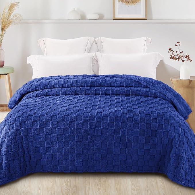 Exclusivo Mezcla 3D Checkered Fleece Twin Blanket for Bed, Cobalt Blue | Super Soft and Cozy Fluffy Bed Blanket, Cute Fuzzy Blanket for Teens Back to School, Dorm Essentials, All Season, 60"x80"