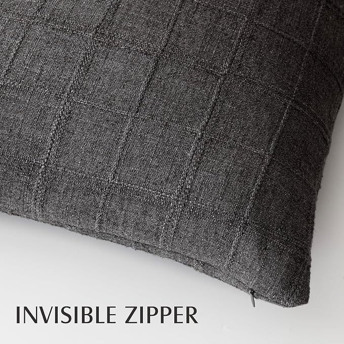 Foindtower Set of 2 Decorative Linen Check Throw Pillow Covers Neutral Long Body Lumbar Cushion Covers Farmhouse Vintage Home Decor for Sofa Chair Couch Bedroom Living Room,14×36 Inch,Charcoal