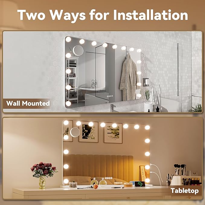 Hasipu LED Makeup Mirror with Bluetooth Speaker, 28" x 20" Makeup Mirror with Lights and Magnification, Hollywood Mirror with 3 Color Modes, LED Make up Mirror with USB & Type-C Charging
