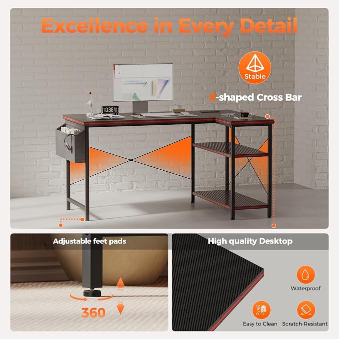 Mericonia 55 inch L Shaped Gaming Desk, Large Corner Desk with Shelves | Reversible Computer Desk with Power Outlets & Storage Bag, Office Table for Home Bedroom Study Work Writing