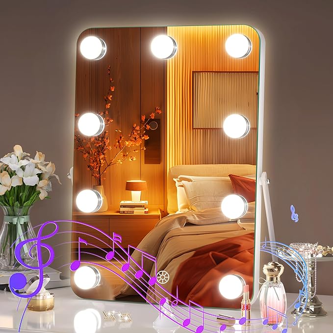 Hasipu LED Makeup Mirror with Bluetooth Speaker, 10.6" x 14" Hollywood Vanity Mirror with Lights, Rounded Rectangle White Frame, 3 Modes Light, Smart Touch Control Dimmable, 360°Rotation
