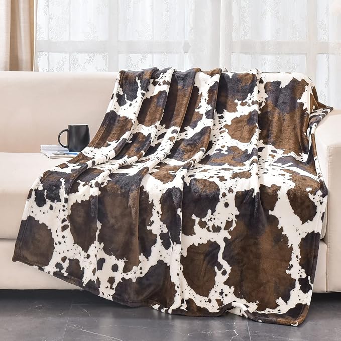 Bnuitland Brown Cow Print Flannel Throw Blanket (50x70 Inches), 300 GSM Double Sided Fuzzy Decor Blanket for Bed/Sofa/Couch/Lap, Super Soft Cozy Throw Gift for Adults and Kids