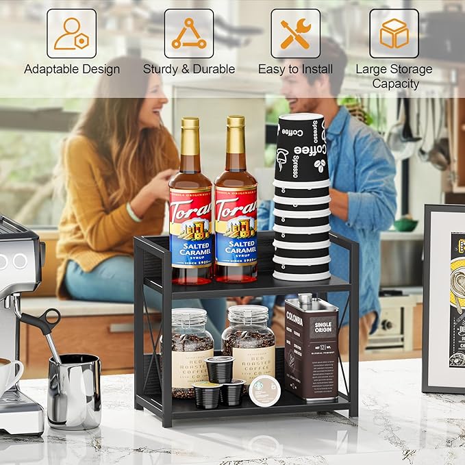 Giikin Kitchen Counter Shelf, 2 Tier Kitchen Spice Rack Organizer for Countertop, Wood Coffee Bar Organizer for Home (Black, S)