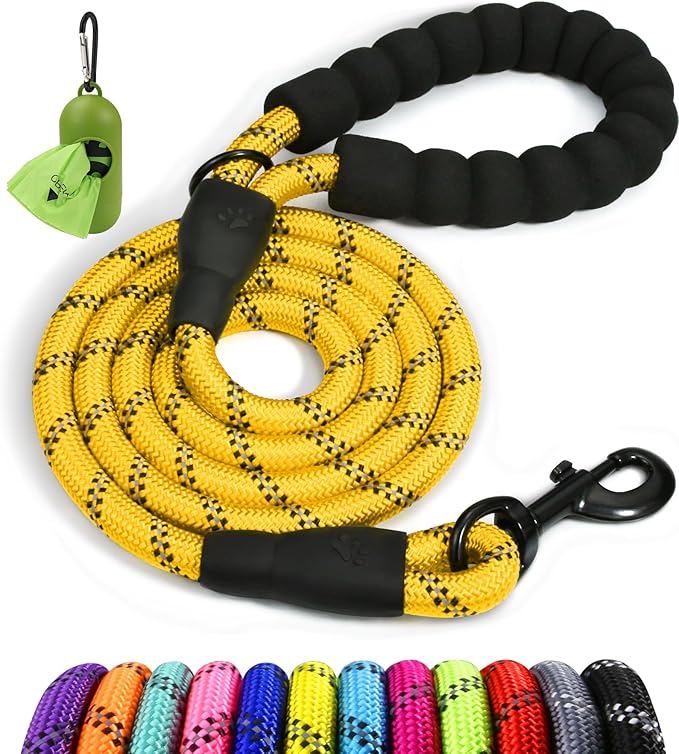 Taglory Rope Dog Leash 4 FT with Comfortable Padded Handle, Highly Reflective Threads Leash and Anti-Tangle Clip for Walking Medium Large Dogs, 1/2 inch, Yellow