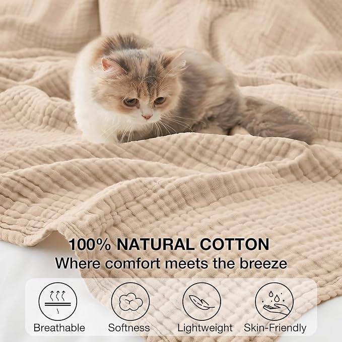 100% Cotton Muslin Blanket Queen 90" x 90", 6 Layers Breathable and Lightweight Cotton Throw Blanket for Bed, Soft Quilt Bedspread Coverlet, Gauze Blanket for Adults All Season, Beige Linen, Oatmeal