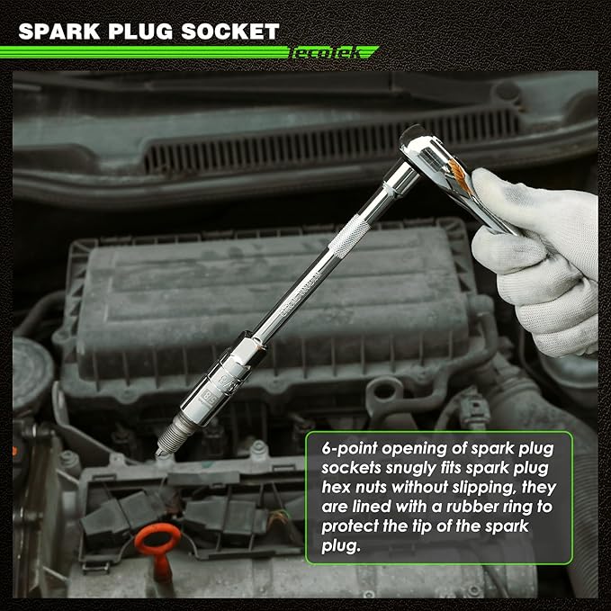 11-Piece Spark Plug Socket Set with 3/8" Drive Ratchet Handle, Spark Plug Gapper, Universal Joint and Extension Bar, 5/8", 3/4", 13/16", 14mm, 18mm, CR-V Sockets with Rubber Retaining Rings