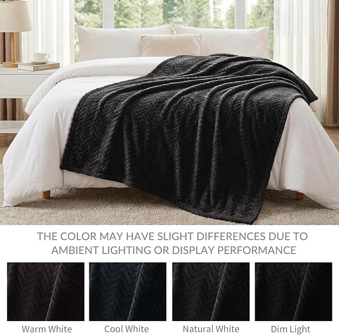 Exclusivo Mezcla Soft Fleece Blanket Queen Size for Bed, Sofa, Black | 90"x90" Breathable Lightweight Flannel Blanket for Summer, Plush Cozy Jacquard Wave for Home Decor