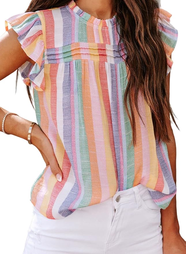 SHEWIN Womens Summer Crewneck Tank Tops Casual Ruffle Sleeveless Tops Shirts