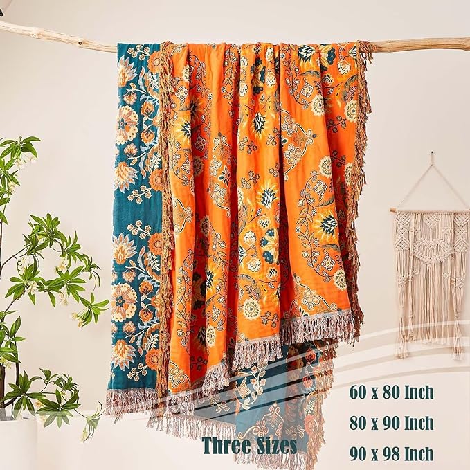 XIBLC Boho Throw Blanket, 100% Cotton Ultra Soft Luxury Throw Rustic Quilt, 80"x90" Floral Printed Farmhouse Decor Bed Summer Blankets, All Season Rustic Reversible Bohemian Throw for Bed - Orange