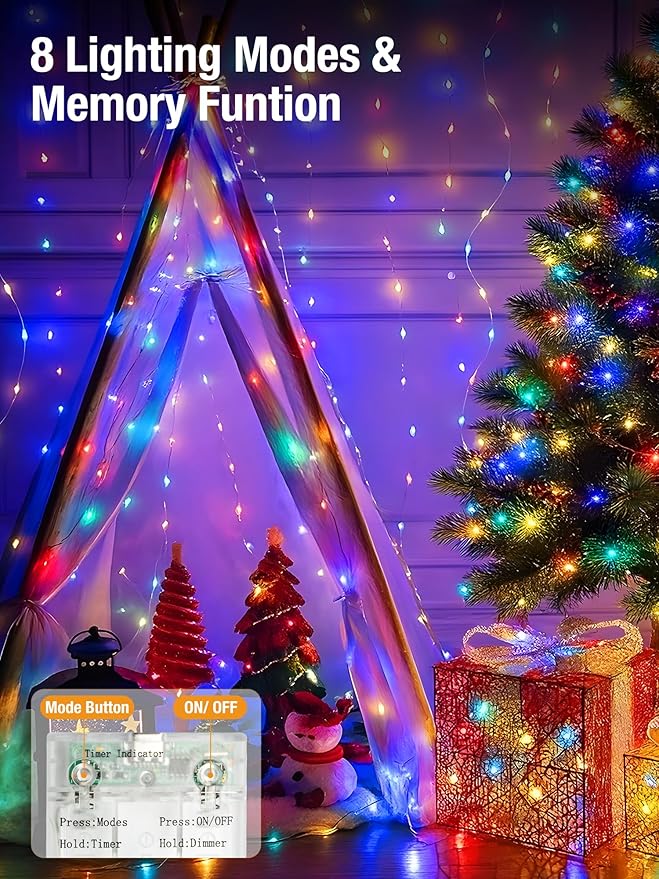 btfarm 4 Pack Fairy Lights Battery Operated with Timer, 16.4 FT 50 LED Silver Wire Twinkle String Lights 8 Modes Dimmable Waterproof for Indoor Christmas Bedroom Wedding Decorations, Multicolor