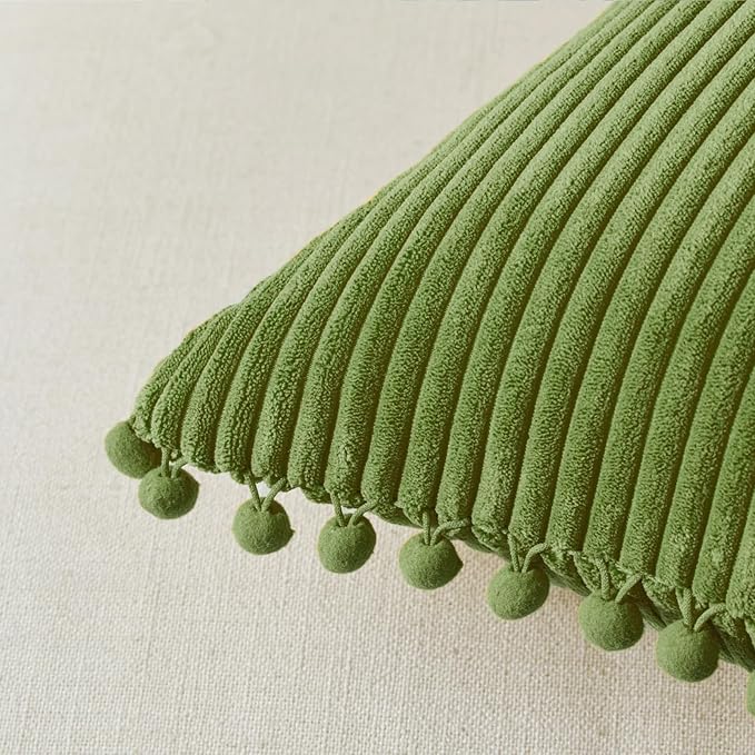 Fancy Homi 2 Packs Moss Green Decorative Throw Pillow Covers 16x16 Inch with Pom poms, Boho Farmhouse Home Decor, Soft Corduroy Accent Square Cushion Case for Living Room Couch Bed Sofa 40x40 cm