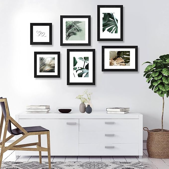 Hongkee 9x12 Picture Frame Set of 4, Made of Glass and Rustic Black Wooden Frame - Display Picture 6x8 with Mat or 9 x 12 Without Mat, 9 by 12 Photo for Wall or Tabletop