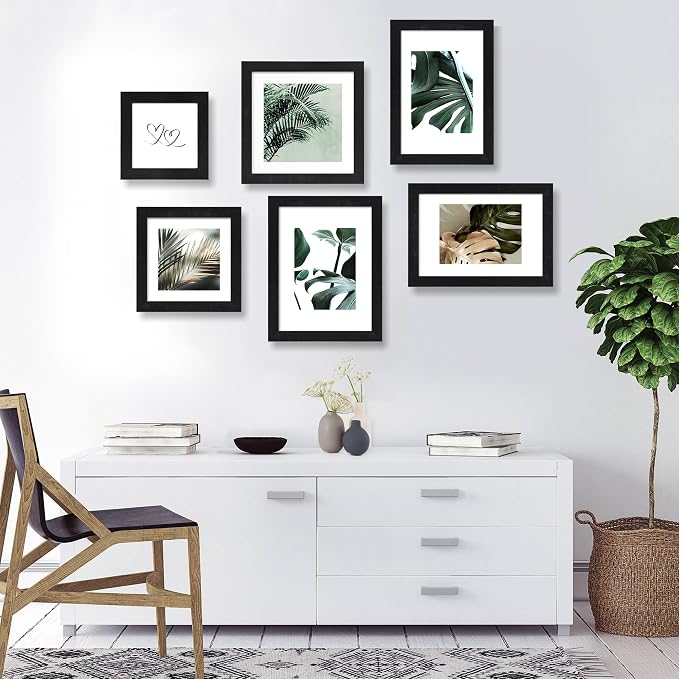 Hongkee 8x8 Picture Frames Set of 4, Made of Glass and Rustic Black Wooden Frame - Display Picture 6x6 with Mat or 8 x 8 Without Mat, 8 by 8 Photo for Wall or Tabletop