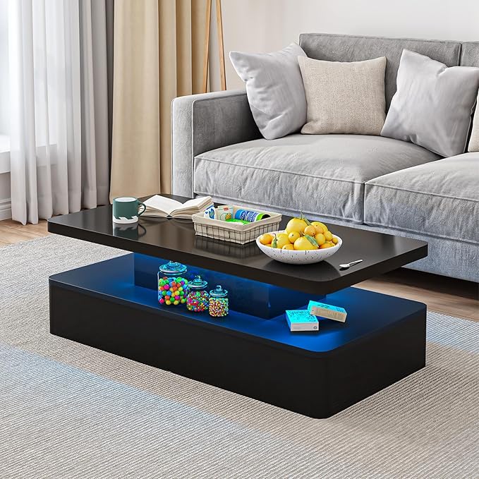 oneinmil Modern LED Coffee Table, 47" Living Room Tables with Double-Layer Design, 16 Colors LED Lights, Stylish Coffee Tables for Living Room, Home, Office, Black