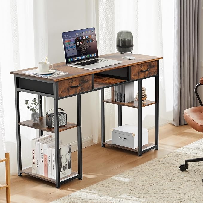 OLIXIS Gaming Desk, Computer Desk with Storage, Fabric Drawers, 48 Inch | Home Office for Small Space Bedroom, Study Work Writing PC Table, Compact Rooms, Brown