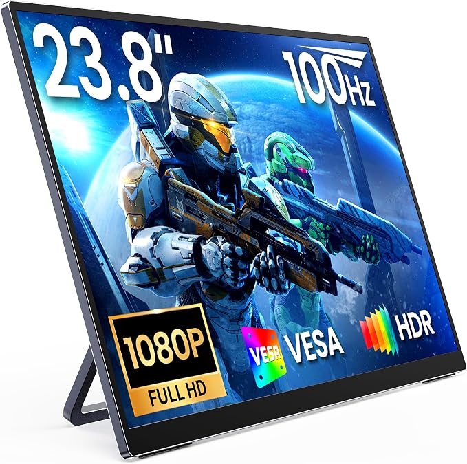 MNN 23.8" 100Hz FHD IPS USB-C HDMI Portable Gaming Monitor | 23.8" FHD IPS 100Hz, metal kickstand+speakers, USB-C/HDMI, PC/Phone/PS5/Xbox/Switch, home office & gaming.
