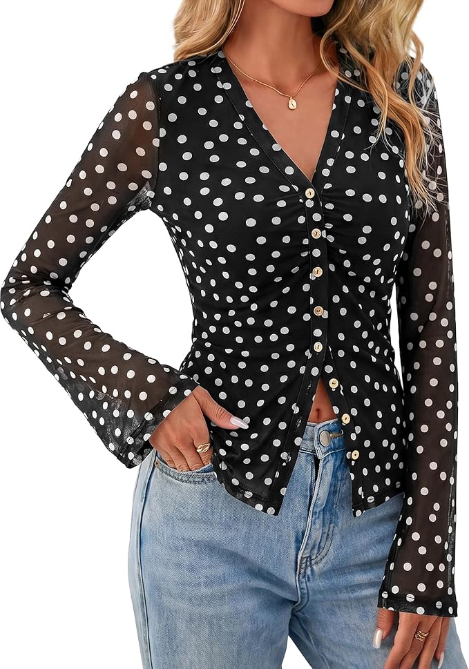 BTFBM Button Down Shirts for Women 2026 Fall Boho Tops V Neck Long Sleeve Blouses Ruched Mesh Fitted Fashion Clothing