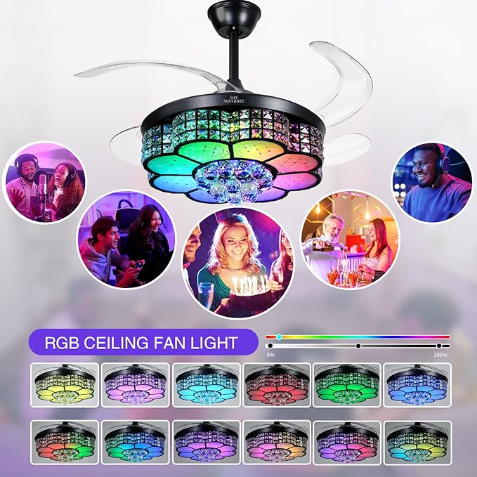 BAYSQUIRREL Retractable Crystal Ceiling Fan with Light, Bluetooth Ceiling Fans with Speaker and Remote/APP Control, 6 Speeds Reversible Blades, RGB-LED Dimmable Chandelier Ceiling Fan